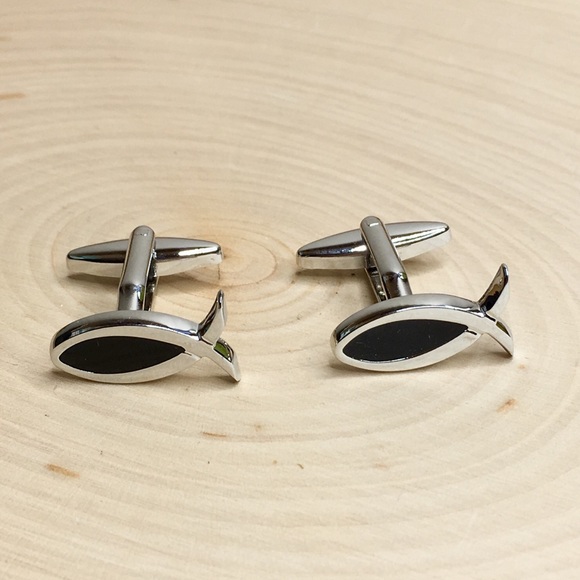 Fish Cufflinks Religious Silver with Black Enamel - Picture 4 of 8